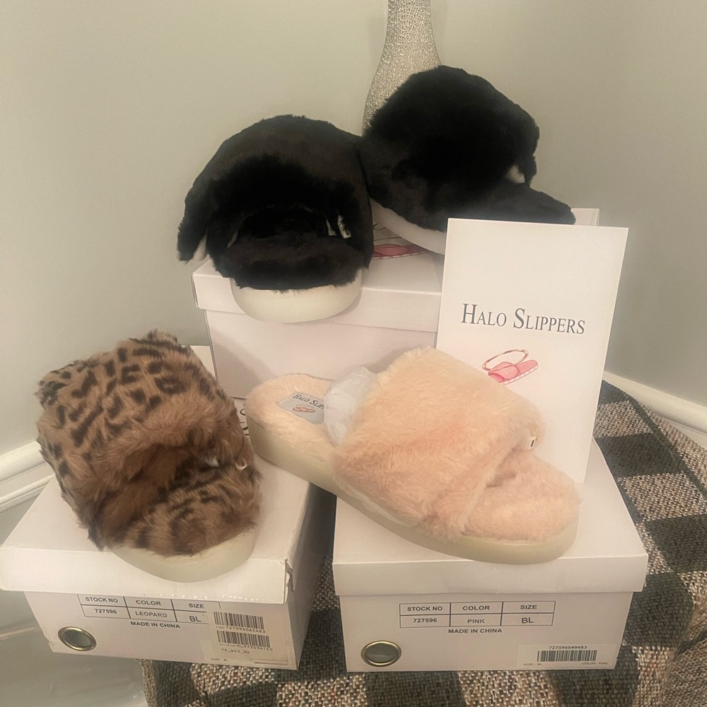 Halo Fuzzy “light up” Slippers/Slides in Black, Leopard and Pink